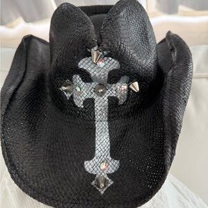 Vintage black cowboy hat cross
